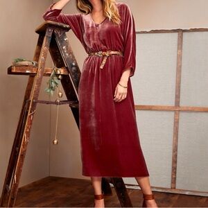 Garnet Hill V-Neck Velvet Midi Dress Dolman Sleeve Silk Blend Women’s Size Large